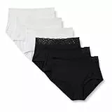 Amazon Essentials Damen Bikinihose aus Peachfarbener Mikrofaser mit Spitzenbesatz, 6er-Pack, Schwarz/Weiß, 38