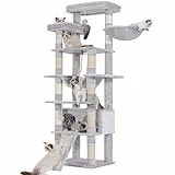 Heybly Kratzbaum, 200 cm hoch, Katzenbaum, mit 11 Kratzsäulen, groß Plattformen, 2 Korb, Hängematte, Höhle, Plüschbälle, mehrstöckiger Katzenkratzbaum, Hellgrau HCT033W