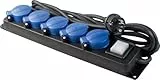 as - Schwabe 5-Fach Verteilersteckdosenleiste mit Schalter, Schutzkontaktsteckdosen mit Klappdeckeln, 4,5 m Leitung, Mehrfachsteckdose für den Außenbereich 230V, 16A, IP44, Schwarz, Blau, 38605