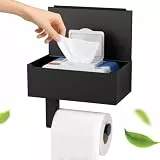 Toilettenpapierhalter Schwarz, Heatigo Klopapierhalter Ohne Bohren mit Feuchttücherbox Klorollenhalter, Toilettenpapierhalter mit Ablage für Badezimmer, Selbstklebend or Bohren (20.4cm *14cm* 7.3cm)