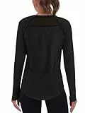 Wayleb Damen Langarmshirt Sport Rundhals Mesh am Rücken Belüftend Basic Top für Intensives Workout und Fitness Training Shirt Schwarz B S-XXL