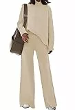 Viottiset Damen Gestrickte Outfits Stehkragen Pullover Weites Bein Hosen Zweiteilig Set Sweatsuit Loungewear Aprikose L