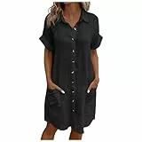 LCpddajlspig Musselin Kleid Damen, Musselin Kleid Damen Sommerkleid Mit Taschen Blusenkleid StrandMit Knopfleiste Kurzarm Musselinkleid Kleider Sommer Knielang Luftige Hemdblusenkleid Schwarz XXL