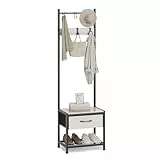 Leader Accessories Garderobenständer mit Bank Platzsparendes Design Metallgarderoben rustikal Kleiderständer 154x30x45cm (HxTxB) Schwarz/Hellgraue Holzmaserung