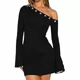 Bcenoilua Damen Kleider Sexy Schulterfrei Partykleid Bodycon Langarm Eng Minikleid Cocktail Party Club Figurbetontes Kleid Kurz Retro Einfarbig Freizeitkleid Wickelkleid Herbst