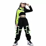 LOLANTA Hip Hop Kleidung Mädchen, Teenager Jazz Tanz Outfit,Bauchfreies Oberteil Cargohose Kleidungsset(Schwarz,7-8 Jahre,Tag 130)