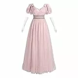 Fiamll Regency Kleid Damen Jane Austen Tüllkleid Abendkleider Empire Kleider mit Handschuhen Viktorianisches Ballkleid Cocktailkleid Damen Lang Rosa L