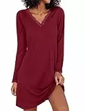 Demegimi Nachthemden für Damen Langarm Schlafshirt Damen Kurzarm Sommer Spitze Negligee V-Ausschnitt Sleepshirt Baumwolle T-Shirt Schlafkleid