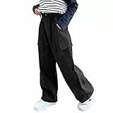 Rolanko Mädchen Cargohose, Baumwoll Baggy Hose mit Elastischer Taille und Mehreren Taschen für Kinder von 6–15 Jahre, Schwarz, Größe: 170