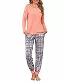 Leversic Schlafanzug Damen Lang Kariert Zweiteiliger Pyjama Set, Rundhals Oberteil und Schlafanzughose Loungewear Hausanzug Baumwolle Nachtwäsche, 1077-Orange, L