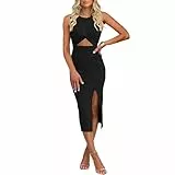 MeeQee Damen Kleider Sexy Cut Out Midi Kleid mit Schlitz Bodycon Elegant Ärmellos Rundhals Knielang Sommerkleid Figurbetontes Gerippt Tankkleid Cocktailkleid Partykleid Wickelkleid Midikleider