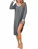 Litherday Nachthemd Damen Langarm Baumwolle Schlafshirt Winter V-Ausschnitt Sexy Nachthemden für Damen mit Spitze