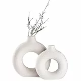 Sawoake Weiße Donut Keramik Vase Satz von 2 für Moderne Home Decor, Runde Matte Vasen für Pampasgras, Neutral Boho Nordic Minimalismus Stil Blumenvasen（Groß+klein）