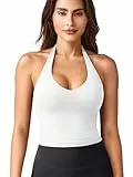 ZAAYO Halter Neckline Tank Top Damen Tiefer V Gepolsterte Crop Top Damen Sport Tops Sommer Basic Sexy Ãrmellose Sommer Oberteile Weiß M