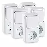 HEITECH Aufputz Wechselschalter & Schutzkontaktsteckdose Kombination - Neues Modell - 5x Schutzkontakt Steckdose & Lichtschalter AP für innen - Schuko Steckdose 250V 16A IP20
