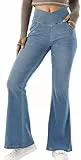 Panegy Flare Jeans für Frauen Elastische Taille Crossover Hosen mit Taschen Stretchy Yoga Leggings Trendy Casual Bell Bottoms Hosen Hellblau S