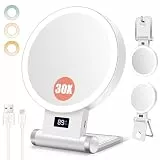 B Beauty Planet 30X/1X Kosmetikspiegel mit Vergrößerung, Batterieanzeige, 4-in-1-Ständer, 2000mAh Akku, Doppelseitig, 3-Farben-Licht, Tisch/Wand, Klappbar – Für Zuhause & Reisen