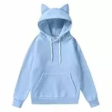 Kapuzenpullover Damen Oversize Hoodie mit süßen Katzenohren Langarm Sweatshirt Kängurutasche Kordelzug Streetwear Casual Freizeit Pullover Herbst Winter Warm Kuschelig Weich Locker(Light Blue, S)