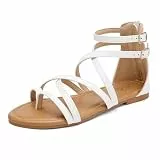 katliu Riemchensandalen Damen Flach Römersandalen Sommer Gladiator Sandalen Bequeme Sandaletten für Strand Urlaub Freizeit WeißBraun 39