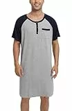 Enjoyoself Herren Kurzarm Nachthemd Knielang Pyjamaoberteil Baumwolle Leicht Luftig V Ausschnitt Schlafshirt mit 3 Knöpfe grau,L