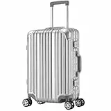 Travelhouse London Handgepäck Koffer, Aluminium Rahmen Polycarbonate Hartschale mit 4 Silent Move Doppelrollen 2X TSA Zahlenschloss 55Lx37Bx23Hcm 47L Silber