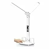 Kinder schreibtischlampe akku kabellos mit Uhr, LED Dimmbare 3200mAh Batterie schreibtischleuchte Stifthalter/LCD Display/Kalender/Temperatur, 3 Lichtfarben Bürolampe für Mädchen Jungen, Weiss 3200mAh