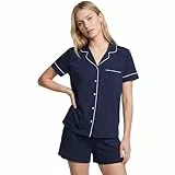 U2SKIIN Schlafanzug Damen kurz Baumwolle, Kurze Pyjama Damen weiche Pyjamas Set leichte Nachtwäsche Sommer Zweiteiler Pyjama Set (Dunkelblau, M)