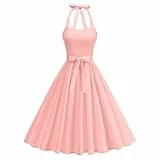 Odizli Sommerkleid Damen Sommer Elegant Rockabilly Vintage 50er Neckholder A Linien Knielang Petticoat Swing Kleider Hochzeit Hochzeitsgast Festliche Cocktailkleid Kurz Abendkleid Rosa L