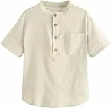 Haloumoning Jungen Leinen Kurzarm Henley Shirt - Sommer Einfarbig Regular Fit Casual Freizeit Party Hemd für Kinder (3-14 Jahre) Beige 160