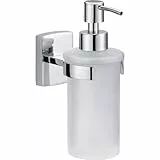 tesa KLAAM Seifenspender-Set, satiniertes Glas und verchromter Edelstahl - Flüssigseifenspender zur Wandbefestigung ohne Bohren, inkl. Klebelösung - 70 mm x 170 mm x 125 mm
