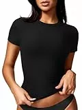ZAAYO Sport T Shirt Damen Basic Sportshirt Double Lined Y2K Summer Crop Top Gym Top Leichtes Atmungsaktives Sport Tops mit Rundhalsausschnitt Gym Oberteil Yoga Tops Schwarz S