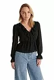 NA-KD Damen Chiffonbluse mit Rüschen, V-Ausschnitt, Schwarz, 38