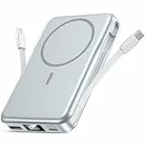Powerbank für MagSafe, Magnetische Power Bank 10000mAh, PD 20W Schnellladung Kabellose Powerbank mit Integrierten Kabeln, Tragbares Ladegerät - Hellgrau