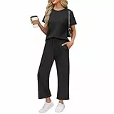 Saymany Outfit Damen Set Elegant Baggy Y2k Kurzarm Und Kurz Hose 2 Teiler Sommer Outdoor Aesthetic Clothes Jogging Anzug Lässig Hosenanzug Damen Festlich Elegant Tshirt Und Shorts（2-Black，S）
