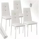 tectake® 4er Set Stühle Esszimmer, 4X bequemer Stuhl Kunstleder mit Glitzersteinen, Esszimmerstühle, Polsterstuhl für Wohnzimmer, Dining Table, Küchentisch, Essstühle, hohe Rückenlehne - weiß