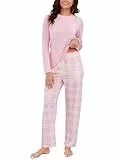 Reliwel Schlafanzug Damen Lang Baumwolle Kariert Pyjama Damen Zweiteiliger Nachtwäsche Larmshirt & Karierte Pyjamahose mit Taschen Sleepwear Freizeitanzug für Frühling Herbst Rosa, M