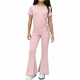 XINYUNZU Mädchen Bekleidungssets Sommer Outfit 2-Teilig T-Shirt und Schlaghose Set Zweiteiler Kinderkleidung Slim Fit Freizeitanzug Einfarbig Outdoor Mädchenbekleidung Kinder Rosa 3-4 Jahre