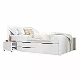Inter Link -Bett mit Schubladen - Einzelbett 90x200 cm – Kojenbett mit Stauraum – Praktisches Jungendbett – Kiefer massivholz – Weiß lackiert – Inkl Lattenrost – Efetivo 90x200cm