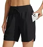 WILLIT Damen Shorts Sporthose Kurz High Waist Laufhose Sommer Laufshorts Schnelltrocknend Wanderhose Kurze Hose Sport Fitness Running mit Taschen 7' Schwarz L