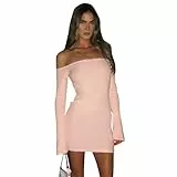 HSAJS Damen Kleider Bodycon Mini Schulterfreies Flare Langarm Figurbetontes Kleid Sexy Minikleid Partykleid Kurzkleid für Club Party Abend