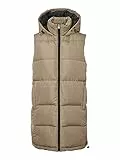 Noisy May Damen Lange Puffer Weste | Wattierte Stepp Übergangsjacke ohne Ärmel | mit Kapuze & Zip NMAURORA, Farben:Beige, Größe:40