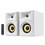 Sanyun SW205 80W 4” Aktive Bücherregal-Lautsprecher mit Holzgehäuse Innovative Außendesigns und fortschrittliche DSP-Chips – Optischer 3,5mm-Aux Bluetooth-5.4-Eingang – Fernbedienung (Paar, Weiß)