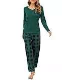 Clearlove Schlafanzug Damen Lang Pyjamas Set Langarm Nachtwäsche Top und Pyjamahose Zweiteiliger Rundhals Sleepwear Winter Hausanzug Mit Taschen(Grün,S)