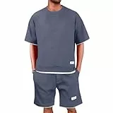 DHYUEN Sommer Outfit Herren 2 Teiler Locker Lässig Hausanzug Strand Outfit Kordelzug Jogging Anzug Traningsanzuganzug Baggy Oktoberfest Herren Outfit Sommeranzug Mode Leinen Set(Dunkelgrau,XL)