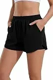 Ekouaer Damen Badeshorts Badehose Boxer Liner Hoch Taille Schwimmhose Boardshorts mit Taschen Sportshorts Schwarz M