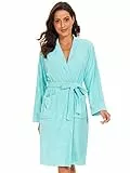 vislivin Leichter Bademantel Damen Frottee Bademantel Sauna Morgenmantel Knielanger Saunamantel Bathrobe Damen Blau L