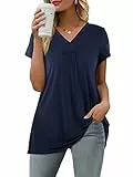 Florboom Damen Tshirt Kurzarm Sommer Elegant Longshirt Falten Oberteil Bluse Navy Blau M
