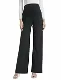 Gowjog Umstandshose Damen Weitem Bein Hohe Taille Stretch Schwangerschafts Hosen für Büro Arbeits Lounge Hosen mit Taschen (Schwarz,XL)