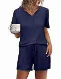 Demegimi Schlafanzug Damen Pyjama Set Kurz Baumwolle Nachtwäsche V-Ausschnitt Zweiteiliger Sleepwear Sommer Kurzarm Pyjama mit Knöpfe S-XXL