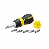 STANLEY Schraubendreher Set Bit-Schraubendreher Stubby (mit Ratsche, kurze Ausführung, sechs Bits, PZ1/2;PH1/2;SL4/5/6, magnetische Spitze) 0-66-358